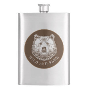 Bear Head, Wild And Free, Hand Drawn Illustration Hip Flask