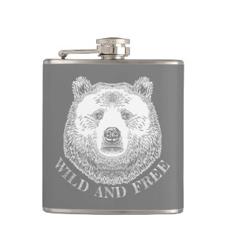 Bear Head, Wild And Free, Hand Drawn Illustration Hip Flask