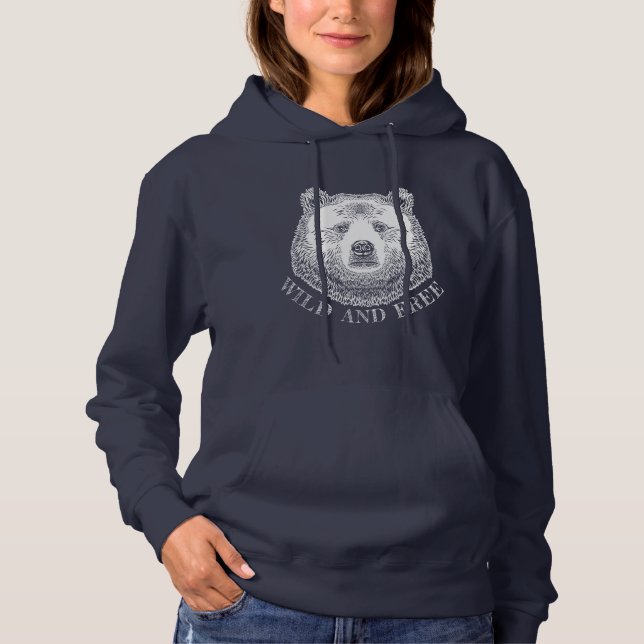 Bear Head, Wild And Free, Hand Drawn Illustration Hoodie (Front)