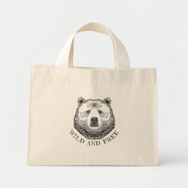 Bear Head, Wild And Free, Hand Drawn Illustration Mini Tote Bag (Front)