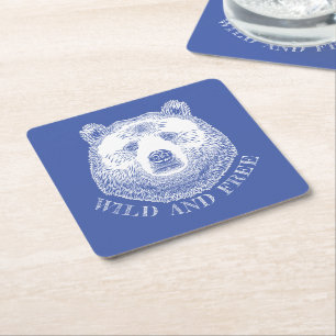 Bear Head, Wild And Free, Hand Drawn Illustration Square Paper Coaster
