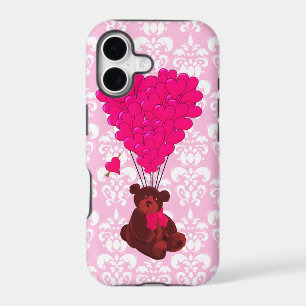 Bear & heart balloons on pink damask