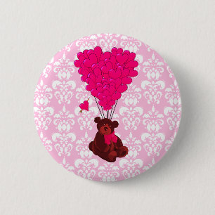 Bear & heart balloons on pink damask 6 cm round badge
