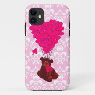 Bear & heart balloons on pink damask iPhone 11 case
