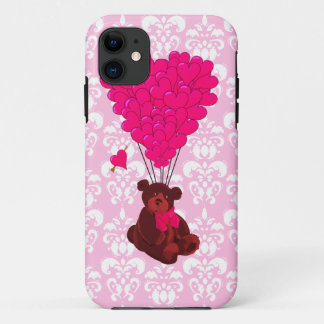 Bear & heart balloons on pink damask iPhone 11 case