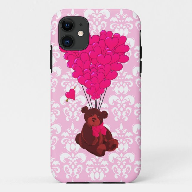 Bear & heart balloons on pink damask Case-Mate iPhone case (Back)