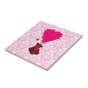 Bear & heart balloons on pink damask ceramic tile