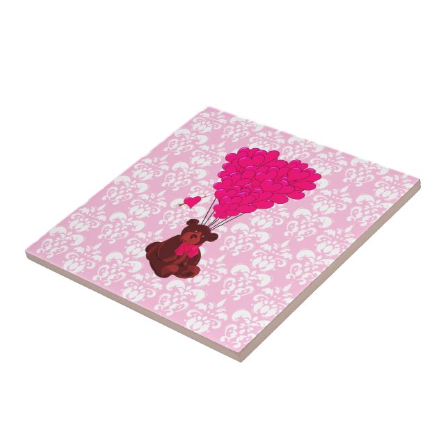 Bear & heart balloons on pink damask ceramic tile (Side)