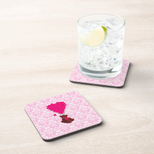 Bear & heart balloons on pink damask coaster