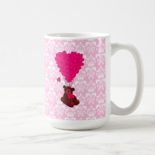 Bear & heart balloons on pink damask coffee mug