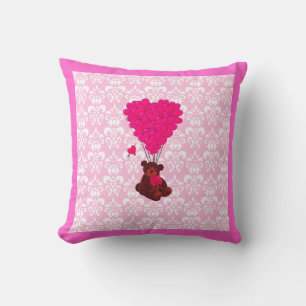 Bear & heart balloons on pink damask cushion