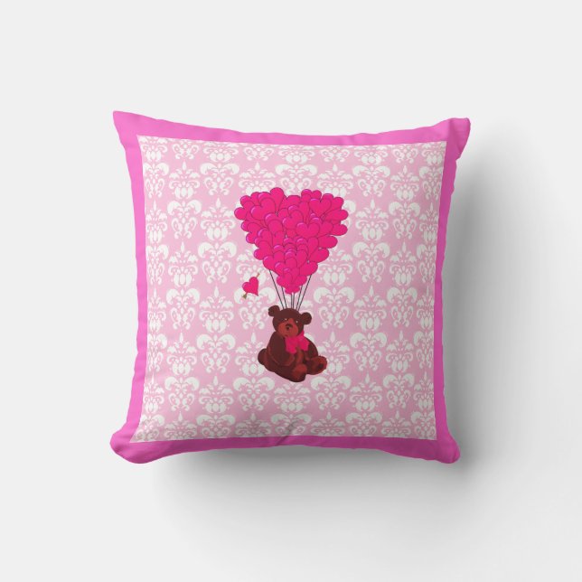 Bear & heart balloons on pink damask cushion (Front)