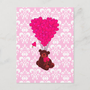 Bear & heart balloons on pink damask postcard
