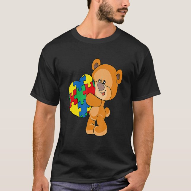 Bear Heart Puzzle Piece Autism Awareness Boys Girl T-Shirt (Front)