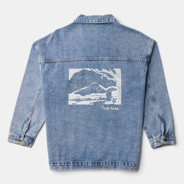 Bear Hiker at Mountain Sunset – Whimsical Denim Ja Jacket (Back)