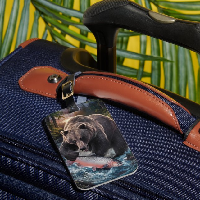 Bear holding a shimmering fish  luggage tag (Front Insitu 1)