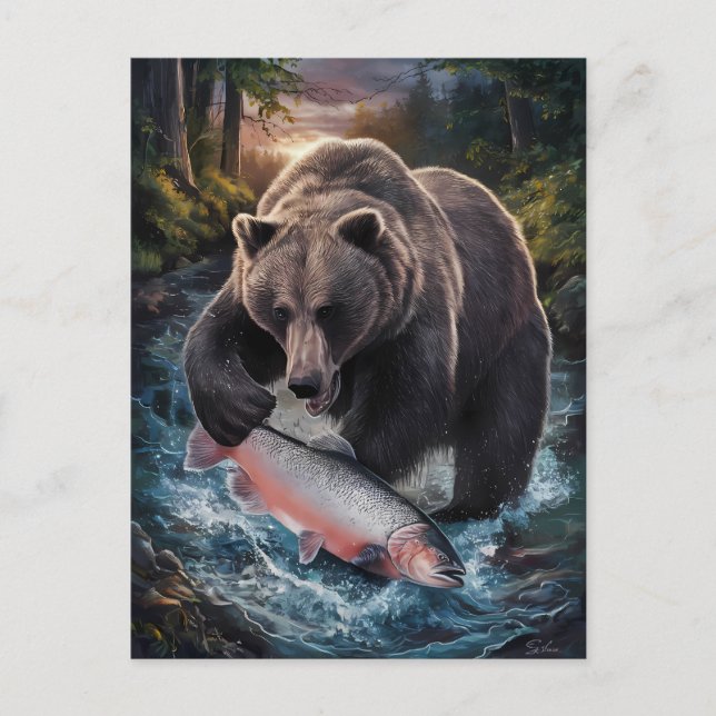 Bear holding a shimmering fish  postcard (Front)