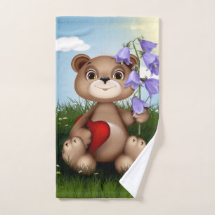 Bear Holding Bouquet Flower-30926 Hand Towel