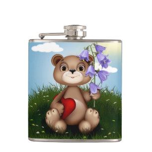 Bear Holding Bouquet Flower-30926 Hip Flask