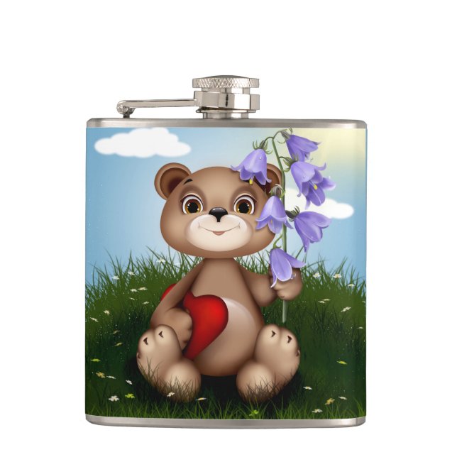 Bear Holding Bouquet Flower-30926 Hip Flask (Front)