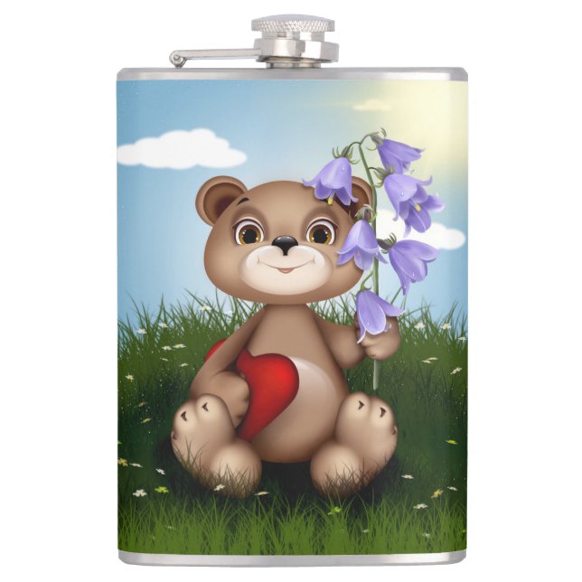 Bear Holding Bouquet Flower-30926 Hip Flask (Front)