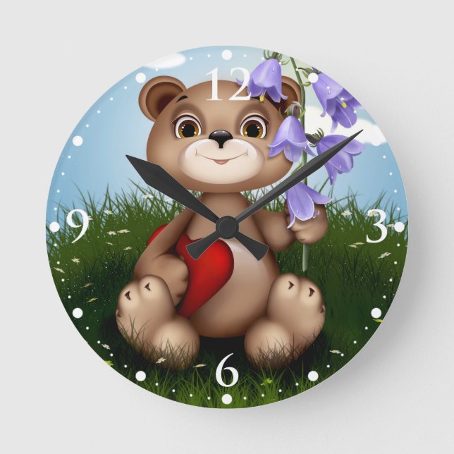 Bear Holding Bouquet Flower-30926 Round Clock (Front)