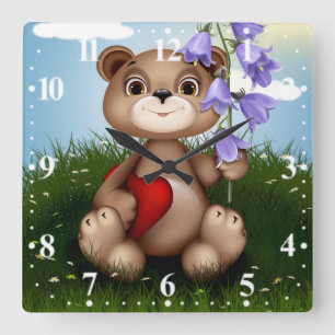 Bear Holding Bouquet Flower-30926 Square Wall Clock