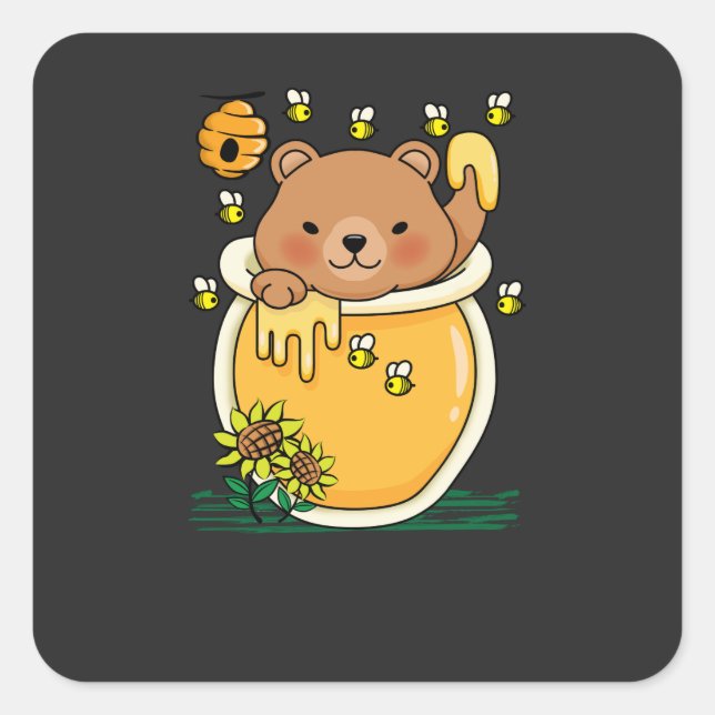 Bear Honey Jar with Bee Square Sticker (Front)