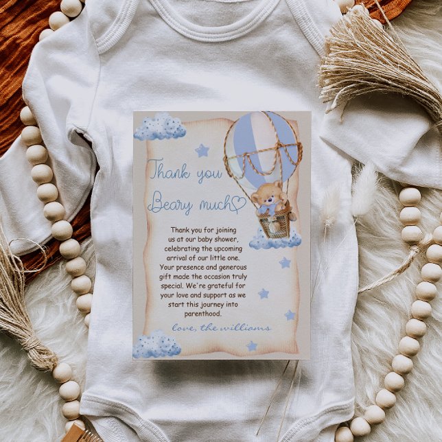 Bear Hot Air Balloon Baby Shower Blue Beige Thank You Card (Creator Uploaded)