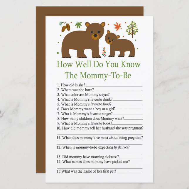 Bear How well do you know baby shower game (Front/Back)