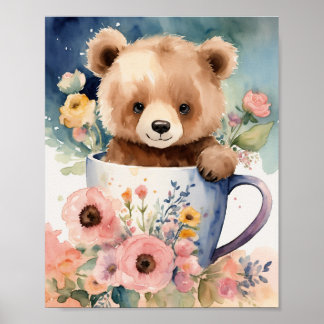 "Bear Hug Bouquet: Watercolor Cub Cuteness!" Poster