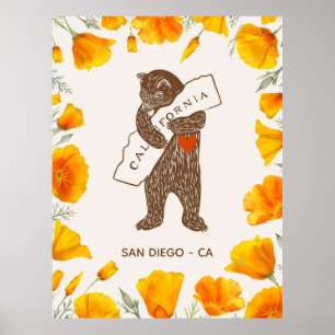 Bear Hugging California Map Poppies Custom Poster