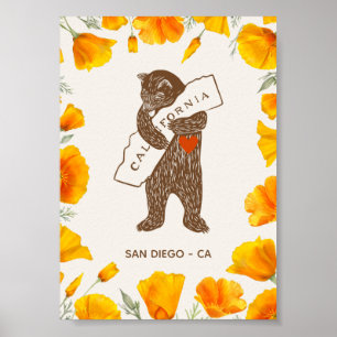 Bear Hugging California Map Poppies Custom Poster