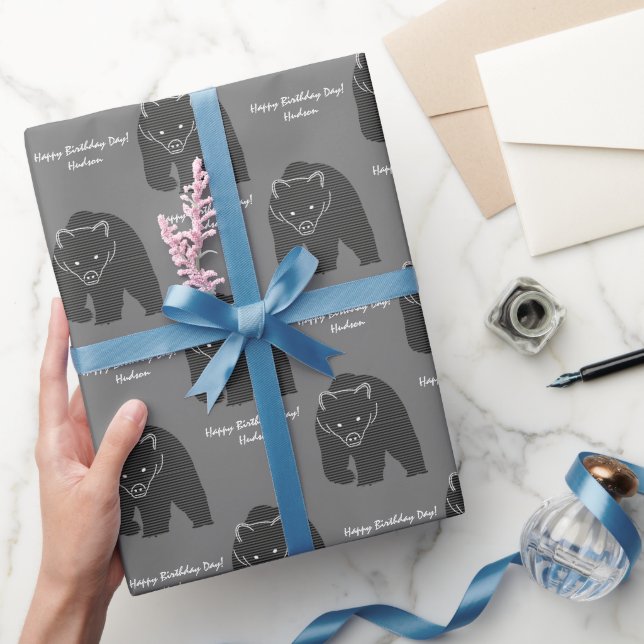 Bear Hunt Birthday Rustic Grey Custom Message  Wrapping Paper (Gifting)