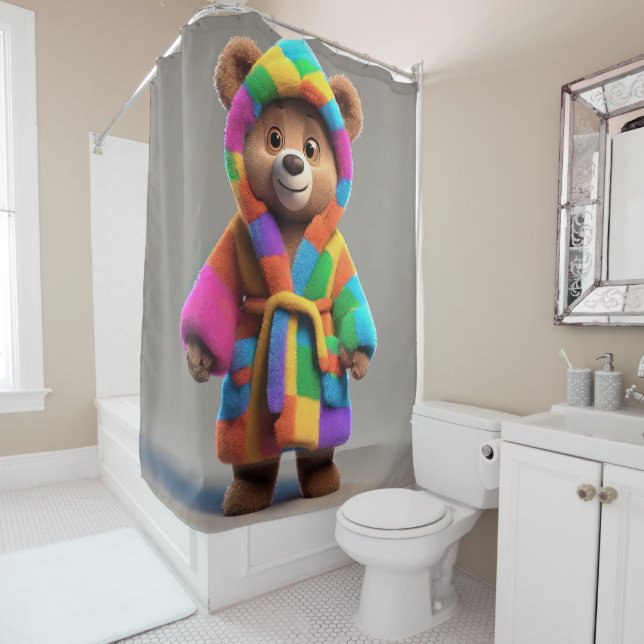 Bear in a colourful robe shower curtain (In Situ)