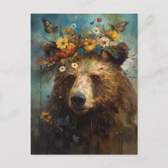Bear in a Crown of flowers and butterflies Postcard (Front)