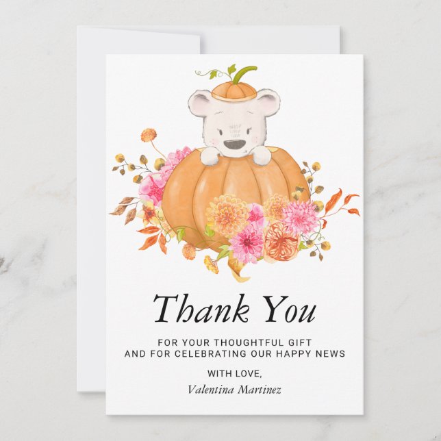 Bear in a Pumpkin Pink Photo Baby Shower Thank You Card (Front)