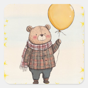 Bear in Brown Plaid Sweater with Yellow Balloon Square Sticker