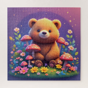 Bear in Colourful Forest With Stars and Mushrooms Jigsaw Puzzle