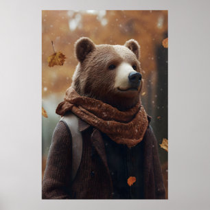 Bear in Fall Clothes Art Print, Cozy Autumn Poster