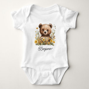 Bear in Field of Daisy Flowers Baby Bodysuit