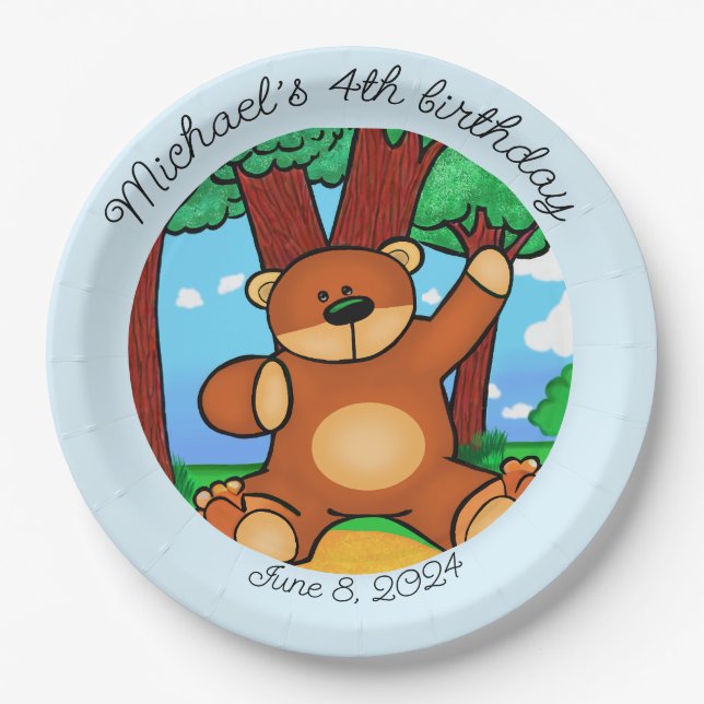 Bear in grassland birthday  paper plate (Front)