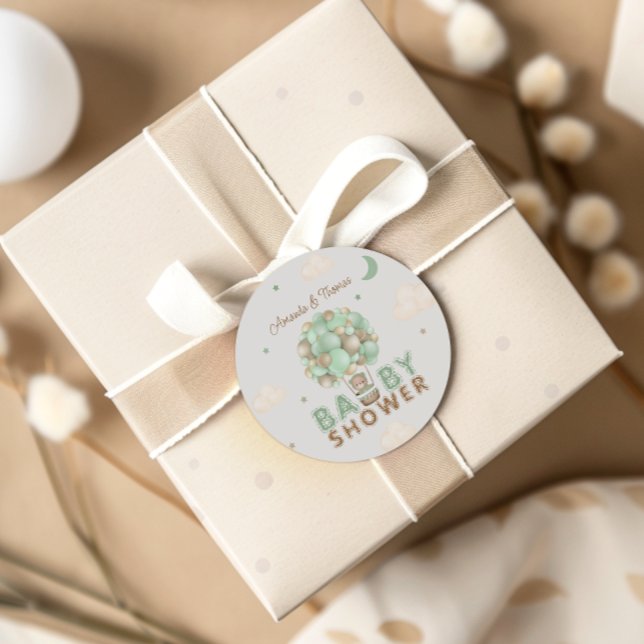 Bear in Green Hot Air Balloon Baby Shower Classic Round Sticker (Creator Uploaded)