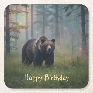 Bear In Magical Forest Square Paper Coaster