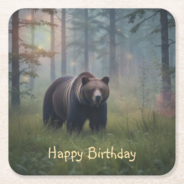 Bear In Magical Forest Square Paper Coaster (Front)