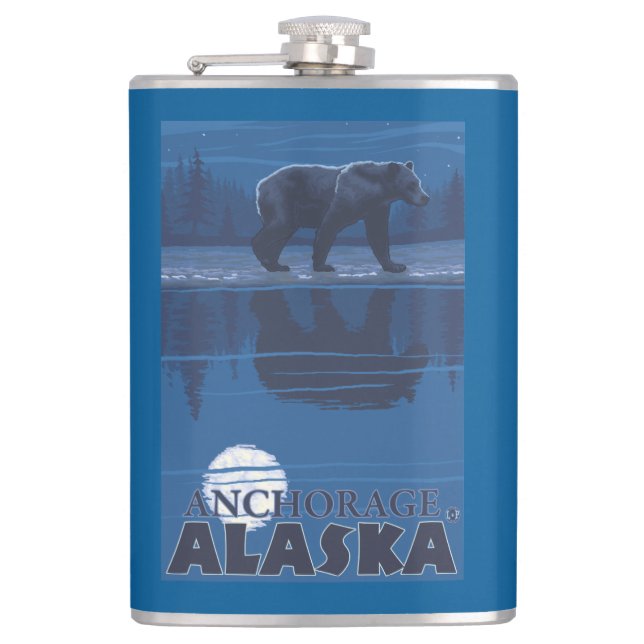 Bear in Moonlight - Anchorage, Alaska Hip Flask (Front)