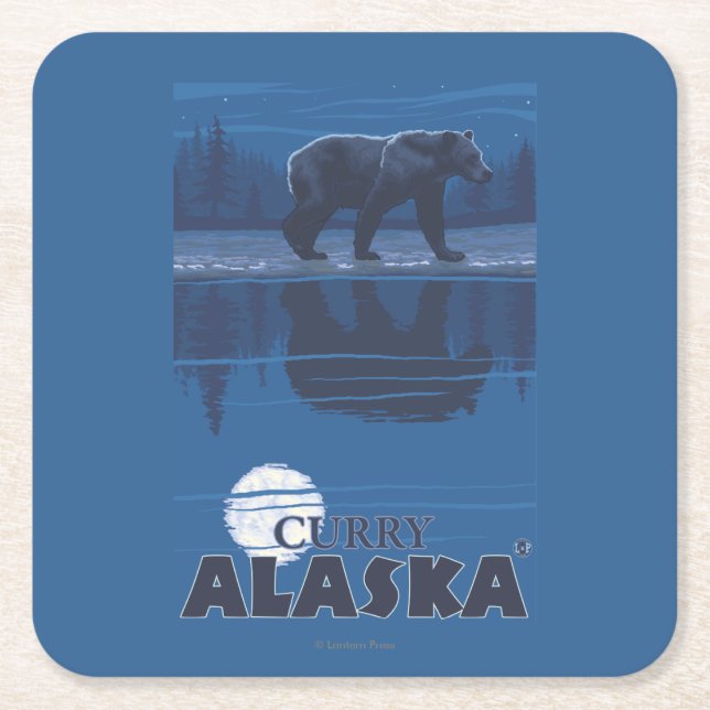 Bear in Moonlight - Curry, Alaska Square Paper Coaster (Front)
