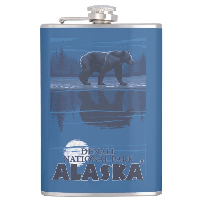 Bear in Moonlight - Denali National Park, Alaska Hip Flask (Front)