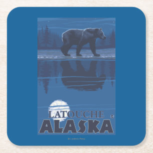 Bear in Moonlight - Latouche, Alaska Square Paper Coaster