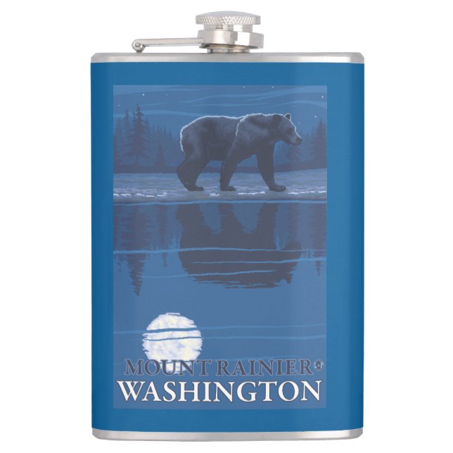 Bear in Moonlight - Mount Rainier, Washington Hip Flask (Front)